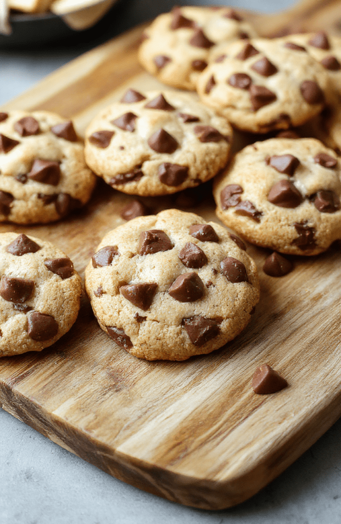 Rich, chewy chocolate chip cookies with a golden-brown surface, studded with melted chocolate chips and visible swirls of Irish cream syrup. Some cookies are slightly glistening with Baileys glaze drizzle, placed on a rustic wooden board beside a glass of warm milk and a dusting of cocoa powder.