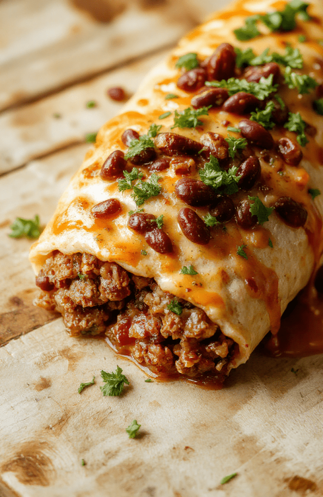 A golden-brown cheesy burrito bake in a deep baking dish, layered with browned ground beef, black beans, diced tomatoes, onions, and peppers, topped with melted mozzarella and cheddar cheese, garnished with fresh cilantro and a side of sour cream and avocado slices. Feels hearty, warm, and inviting.