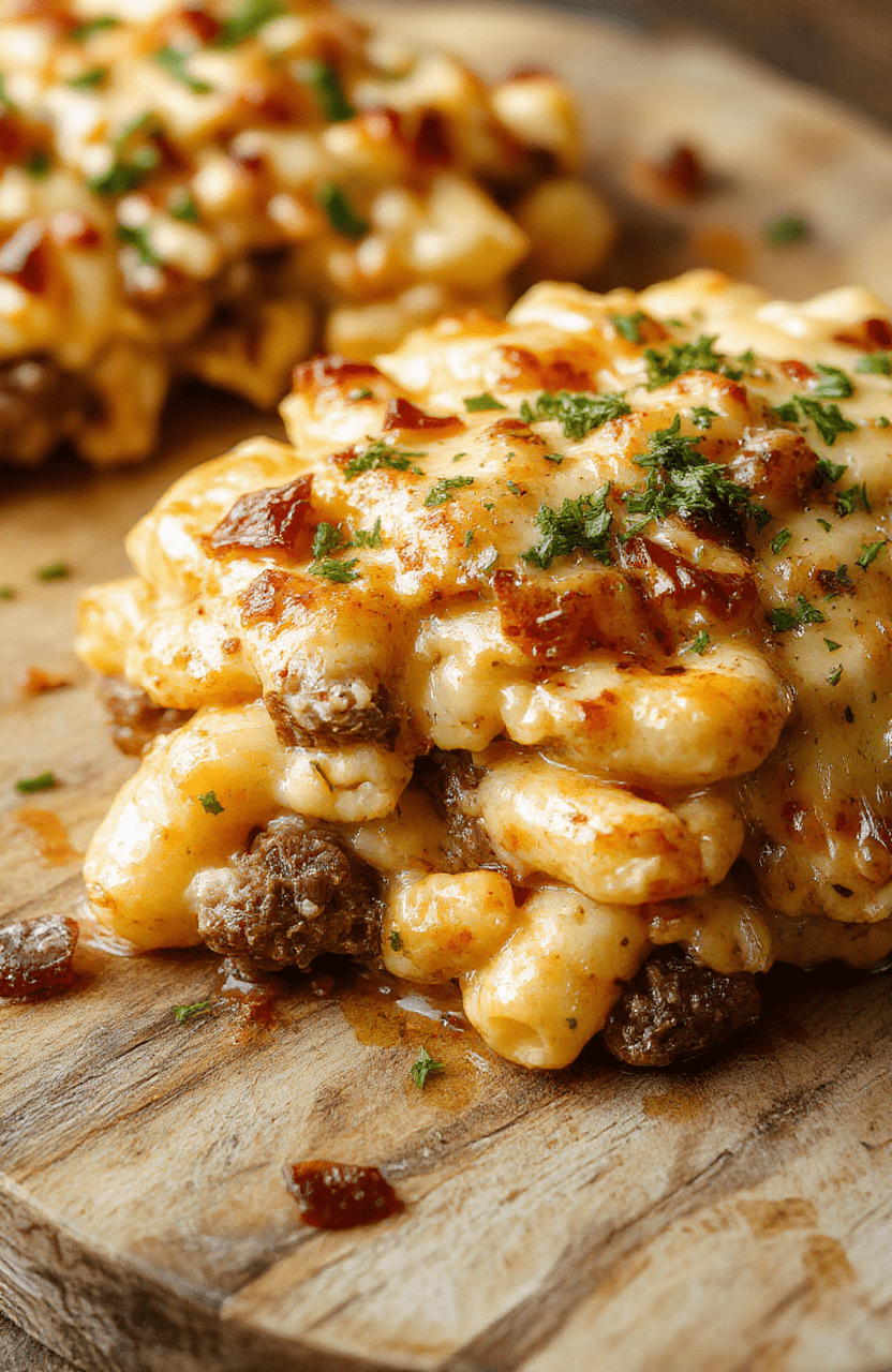 A steaming baked casserole dish of creamy macaroni and cheese studded with savory sliced steak, caramelized onions, and melted processed cheese sauce, sprinkled with fresh parsley and served in a cast-iron skillet, with soft-focus background
