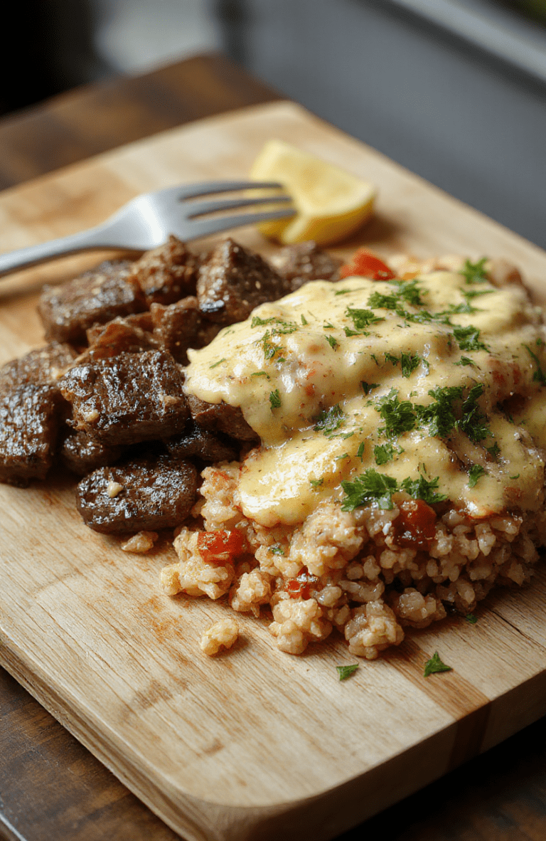 A steaming bowl of fluffy white rice topped with tender browned steak strips, melted queso cheese sauce, diced bell peppers, sliced green onions, and a sprinkle of sharp cheddar. Served in a rustic ceramic bowl on a light wooden table with soft natural light.
