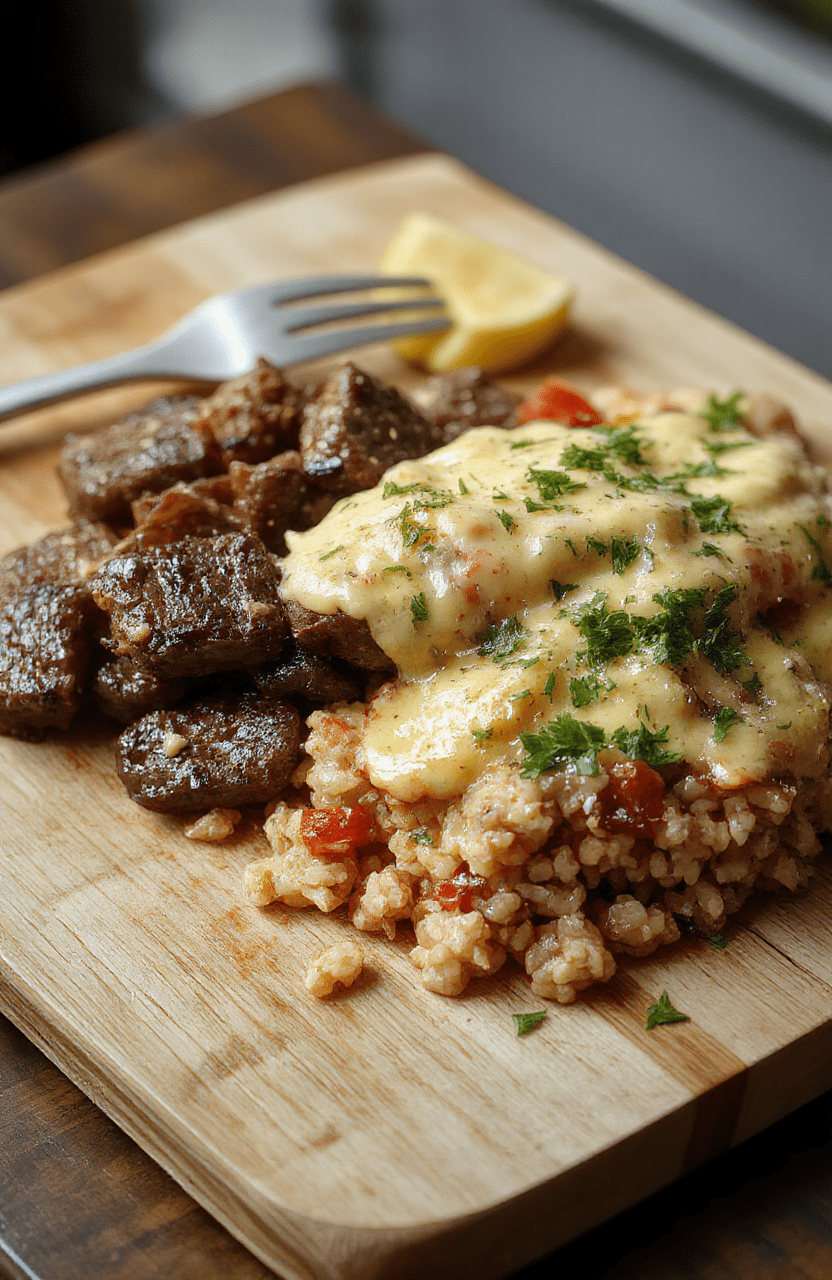 A steaming bowl of fluffy white rice topped with tender browned steak strips, melted queso cheese sauce, diced bell peppers, sliced green onions, and a sprinkle of sharp cheddar. Served in a rustic ceramic bowl on a light wooden table with soft natural light.