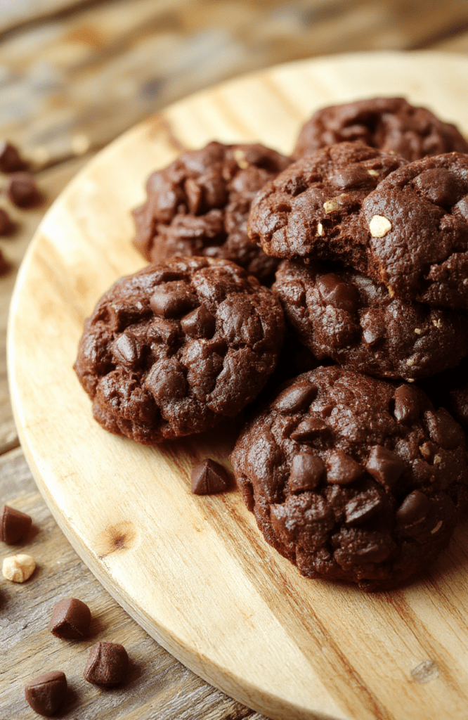 A close-up of six golden-brown, chewy chocolate oatmeal cookies on a rustic wooden cutting board, each cookie dotted with melty chocolate chips and visible oats, dusted lightly with powdered sugar, resting on a clean white ceramic plate with soft natural shadows and a few scattered oat flakes for texture.