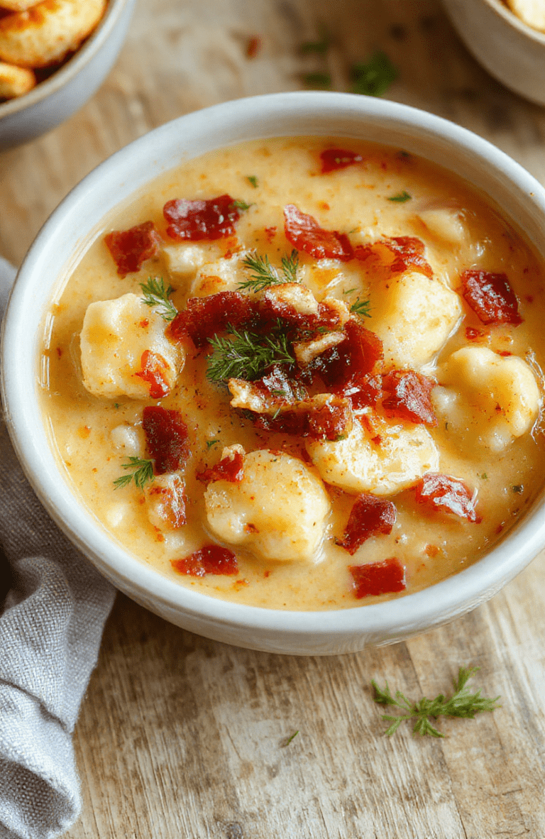 A rustic bowl of creamy, golden-hued gnocchi soup topped with crispy bacon crumbles, shredded sharp cheddar cheese, and fresh parsley, served in a white ceramic bowl against a light wooden table.