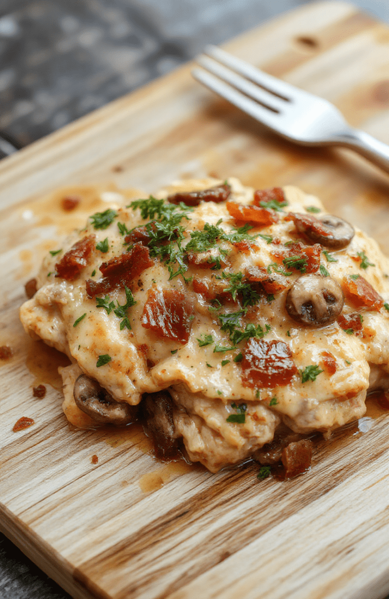 Golden-brown crispy chicken thighs atop a bed of sautéed mushrooms and crispy bacon, all swimming in a rich, creamy garlic-parmesan sauce, garnished with fresh parsley and served in a rustic white ceramic dish on a wooden cutting board.