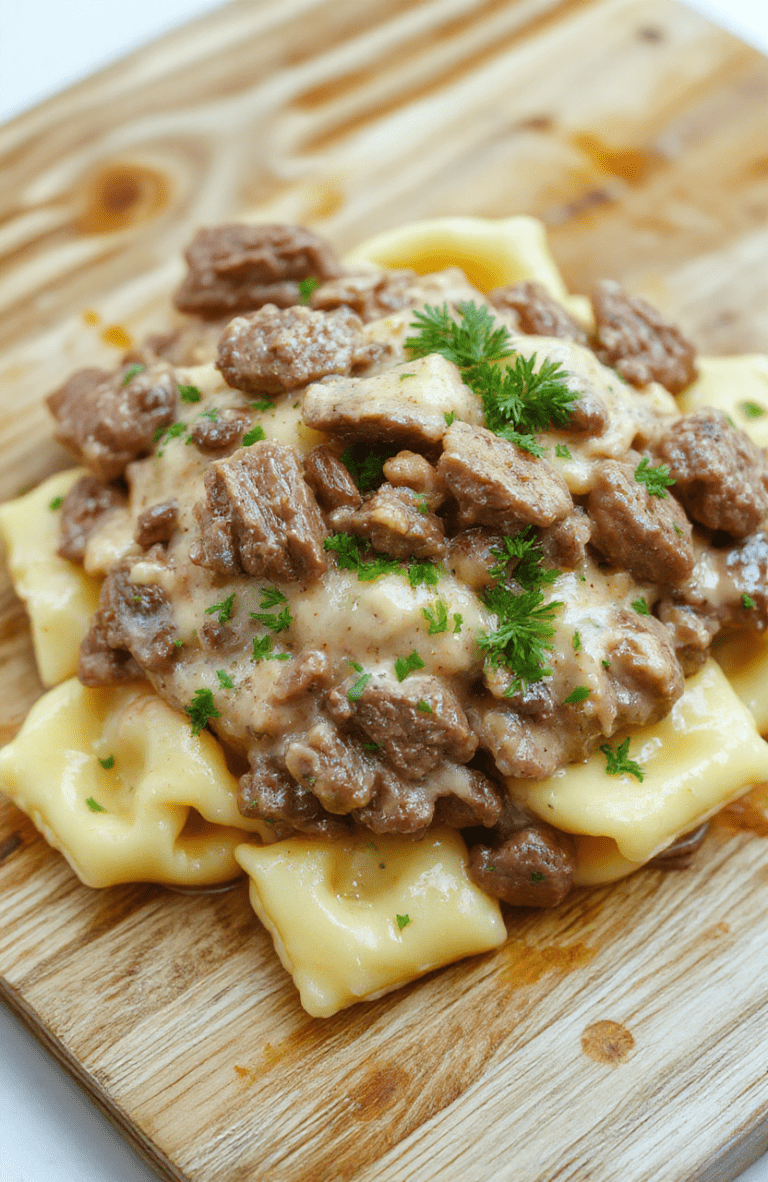 A steaming stainless-steel bowl filled with tender cheese tortellini tossed in rich, creamy mushroom-beef stroganoff sauce, topped with fresh parsley and a light dusting of cracked black pepper, served on a rustic wooden table with soft natural daylight.