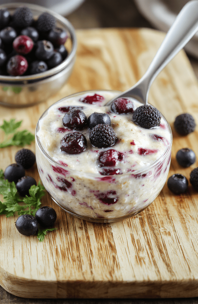 A creamy, vivid purple-blueberry blended oats bowl in a white ceramic bowl, topped with fresh whole blueberries, sliced almonds, and a drizzle of honey, served beside a splash of milk and a spoon on a light wood surface with soft morning light.