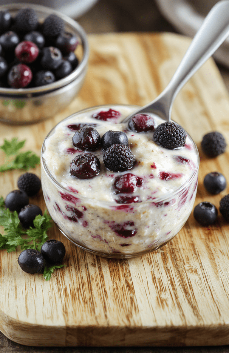 A creamy, vivid purple-blueberry blended oats bowl in a white ceramic bowl, topped with fresh whole blueberries, sliced almonds, and a drizzle of honey, served beside a splash of milk and a spoon on a light wood surface with soft morning light.
