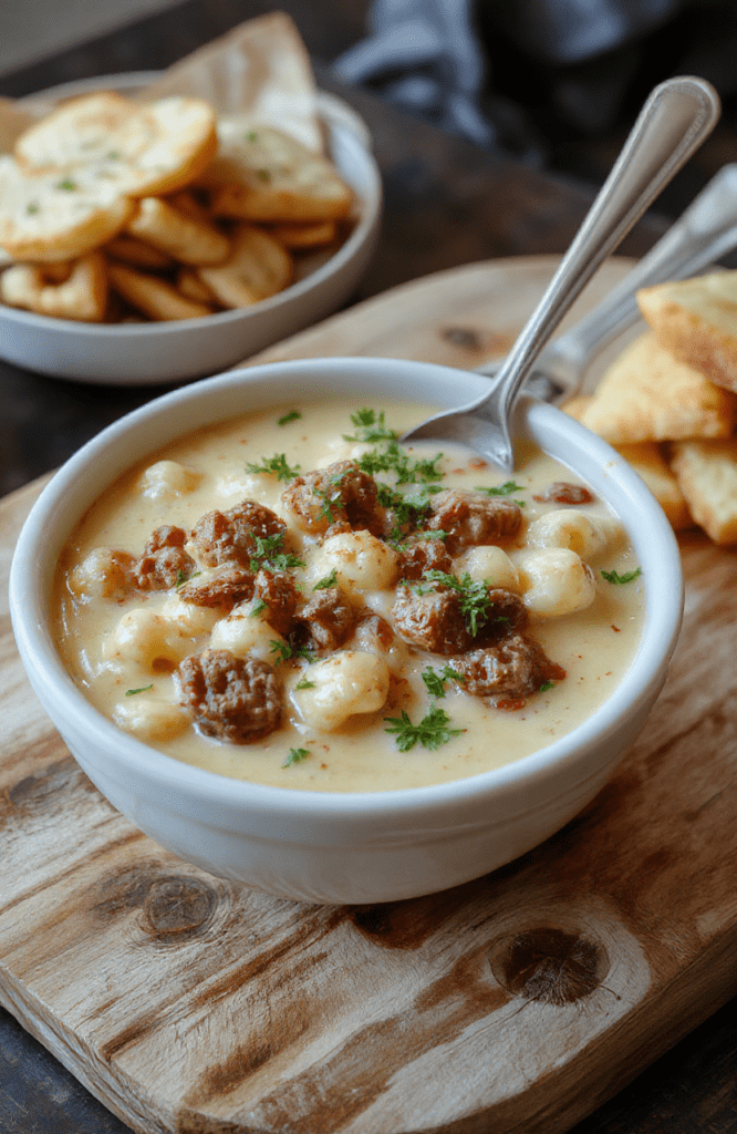 A rustic ceramic bowl filled with creamy cheeseburger macaroni soup — tender elbow pasta, savory ground beef crumbles, sweet corn kernels, shredded cheddar cheese melted into the thick broth, and a drizzle of melted butter on top. Garnished with chopped fresh parsley, served with a side of crusty bread on a wooden table.