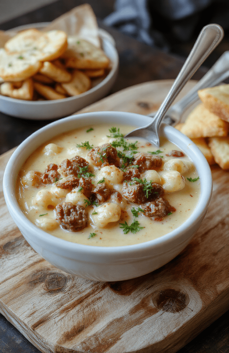 A rustic ceramic bowl filled with creamy cheeseburger macaroni soup — tender elbow pasta, savory ground beef crumbles, sweet corn kernels, shredded cheddar cheese melted into the thick broth, and a drizzle of melted butter on top. Garnished with chopped fresh parsley, served with a side of crusty bread on a wooden table.