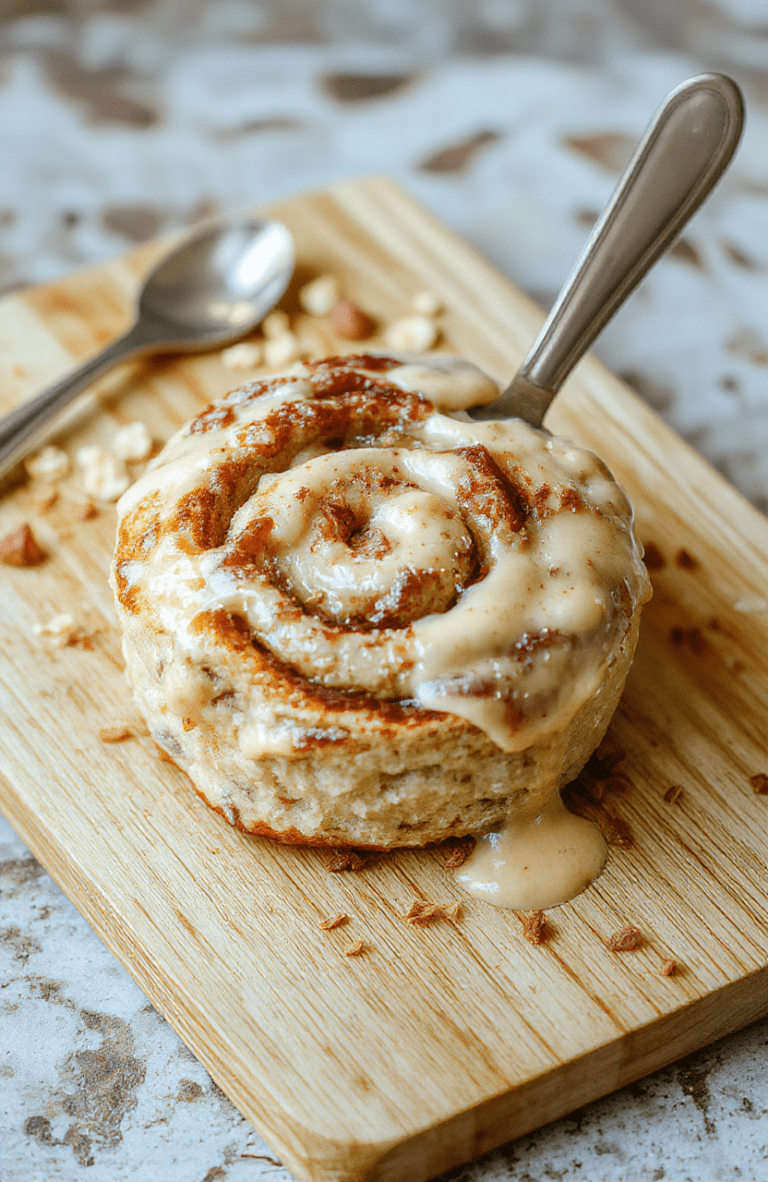 A rustic ceramic bowl filled with creamy overnight oats topped with a swirl of cinnamon-sugar drizzle, sliced bananas, chopped walnuts, and a dusting of ground cinnamon, served on a light wooden board with soft natural lighting and subtle steam rising.