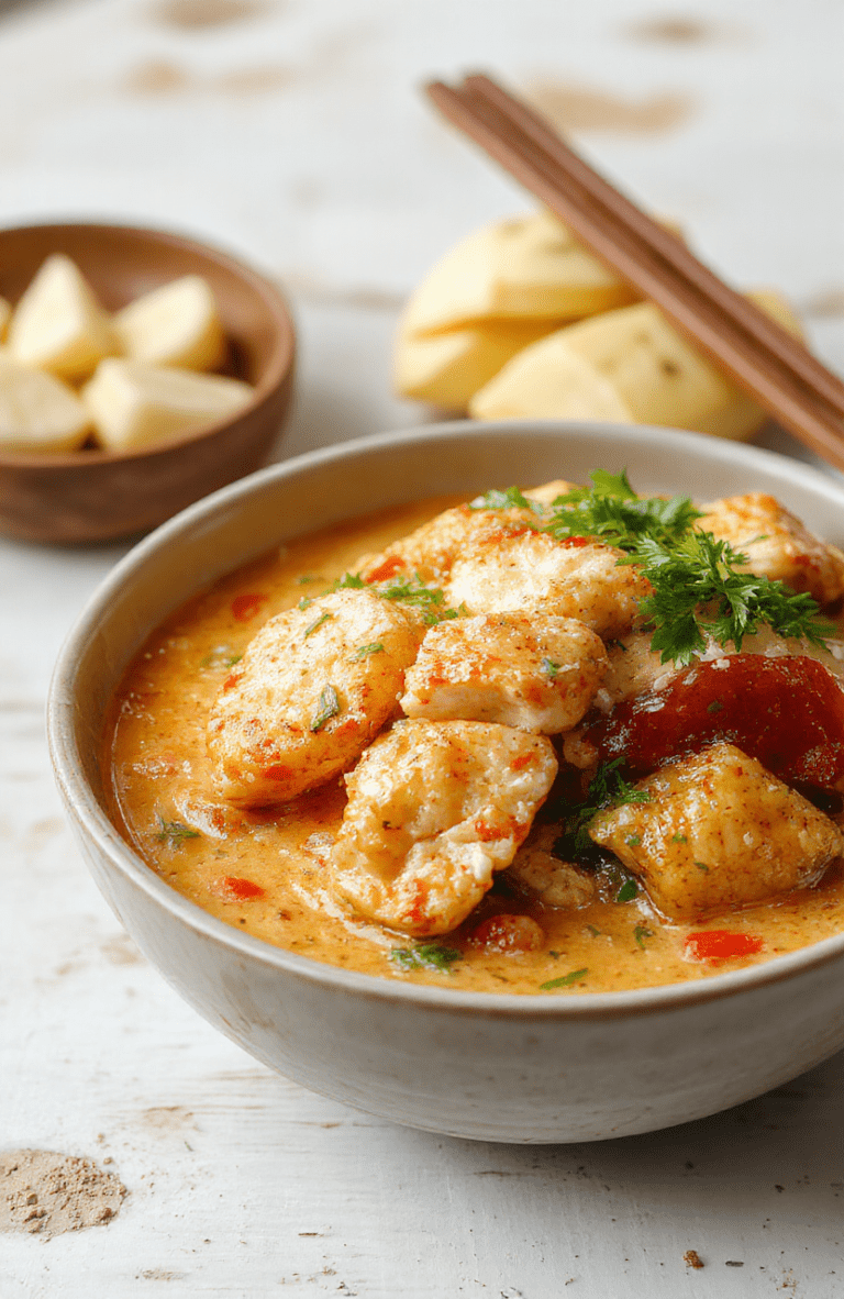A steaming bowl of udon noodles coated in rich, orange-hued creamy coconut red curry sauce, topped with tender grilled chicken breast slices, sliced red bell pepper, snap peas, and fresh Thai basil leaves. Garnished with toasted sesame seeds and a drizzle of lime juice. Served in a rustic ceramic bowl on a light wooden cutting board background.