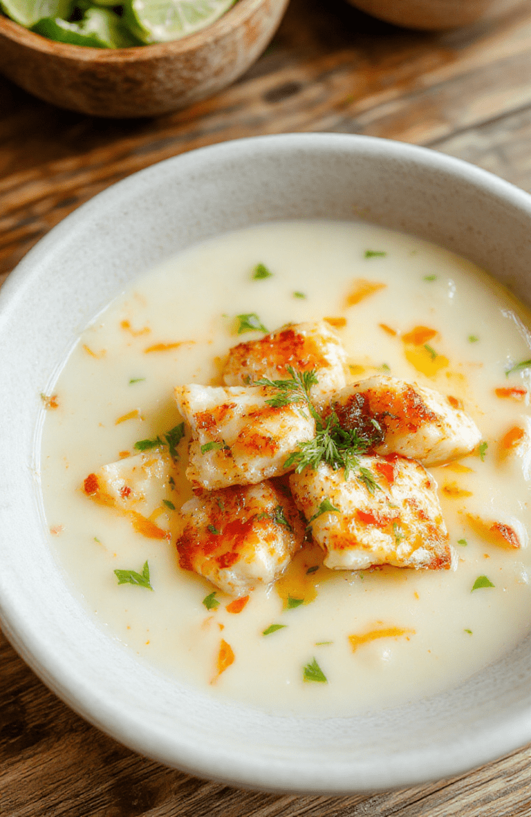 A steaming bowl of creamy coconut lime fish soup with flaky white fish fillets, vibrant lime zest shavings,fresh cilantro leaves, thin red chili slices, and green onion rings, served in a white ceramic bowl on a rustic wooden table, bathed in natural daylight with soft shadows.