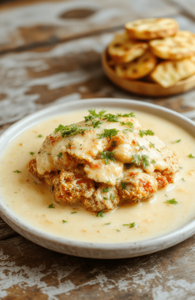 A rustic ceramic bowl filled with tender, golden-brown butter chicken pieces in a rich, creamy orange-red tomato-kitchen spice sauce, garnished with fresh cilantro and a drizzle of heavy cream, served over fluffy white basmati rice with Naan bread on the side.