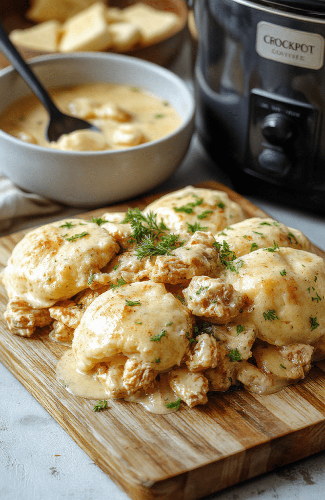 A rustic ceramic crockpot centered on a wooden table, spilling tender, fluffy dumplings and creamy chicken stew with carrots, celery, and herbs. Steam rises gently, and a wooden spoon rests against the rim.