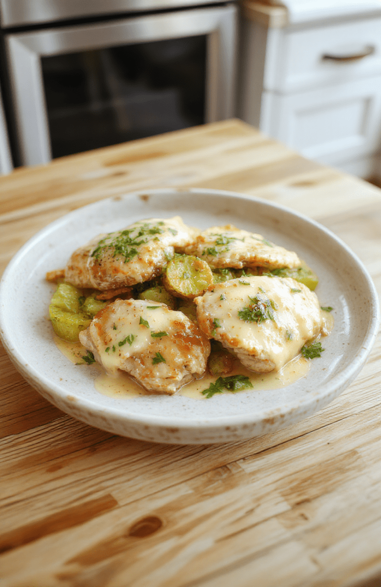 A golden-brown, pan-seared chicken breast topped with a glossy, pale-yellow creamy Dijon sauce, garnished with fresh parsley and accompanied by lightly roasted broccoli and baby carrots on a rustic white ceramic plate. Steam rises gently from the dish, highlighting the rich texture and vibrant colors.