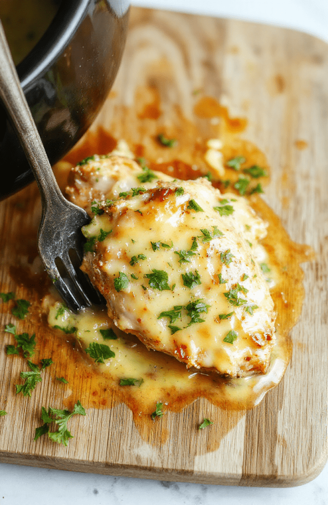 Tender, golden-brown chicken thighs nestled in a creamy parmesan-garlic sauce, garnished with fresh parsley and a sprinkle of cracked black pepper, served alongside fluffy white rice in a rustic ceramic bowl on a light wooden table with soft natural light and subtle shadows.