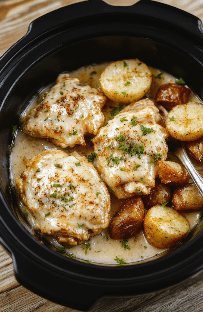 Golden-brown chicken thighs and crispy roasted potatoes in a creamy garlic parmesan sauce, sprinkled with fresh parsley and grated Parmesan, served in a rustic ceramic dish with soft steam rising, on a light oak wooden table with natural daylight and subtle shadows.