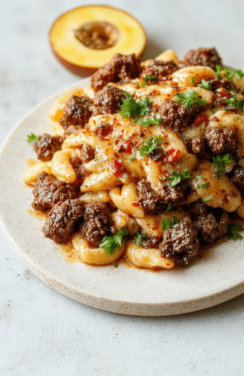 Creamy golden-brown ground beef orzo in a deep white ceramic bowl, garnished with fresh parsley and a sprinkle of grated Parmesan, with soft steam rising, placed on a rustic wooden table with subtle grain texture and natural daylight casting soft shadows.