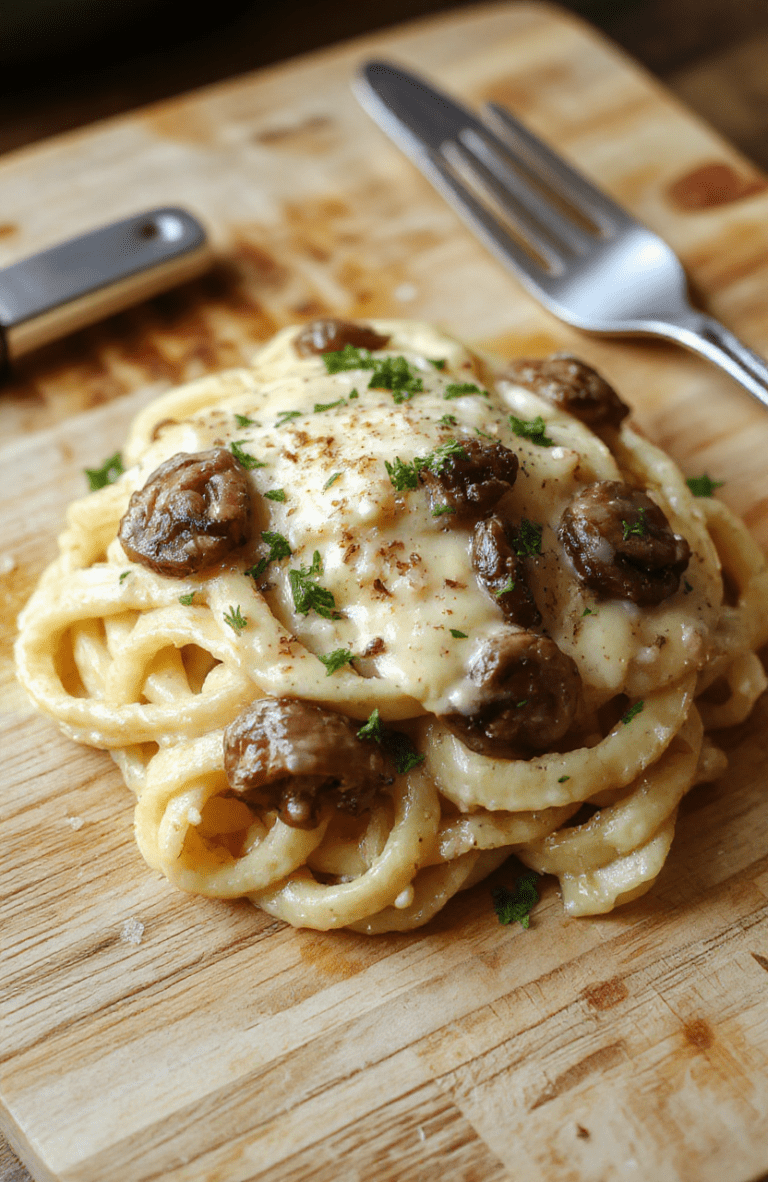 A rustic ceramic bowl holds al dente fettuccine tossed with sautéed wild mushrooms in a golden, creamy Gruyère sauce, garnished with freshly chopped parsley and a sprinkle of cracked black pepper, against a warm wooden tabletop with soft natural lighting.