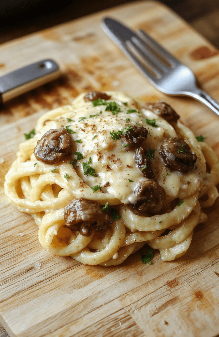 A rustic ceramic bowl holds al dente fettuccine tossed with sautéed wild mushrooms in a golden, creamy Gruyère sauce, garnished with freshly chopped parsley and a sprinkle of cracked black pepper, against a warm wooden tabletop with soft natural lighting.