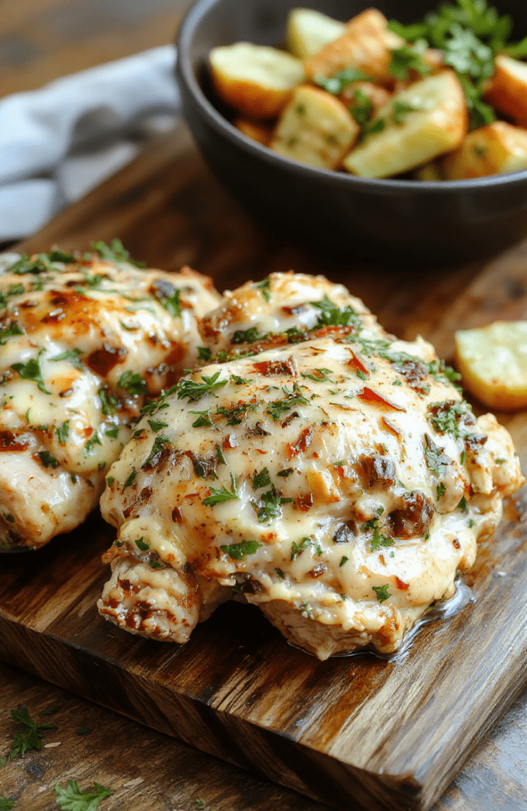 Golden-brown roasted chicken thighs with crispy skin, nestled in a cast-iron skillet alongside tender roasted baby potatoes, caramelized carrots, and fresh herbs like rosemary and thyme. A rich, creamy herb sauce pools around the ingredients, glistening with olive oil and garlic fragments. Background is rustic wooden table.