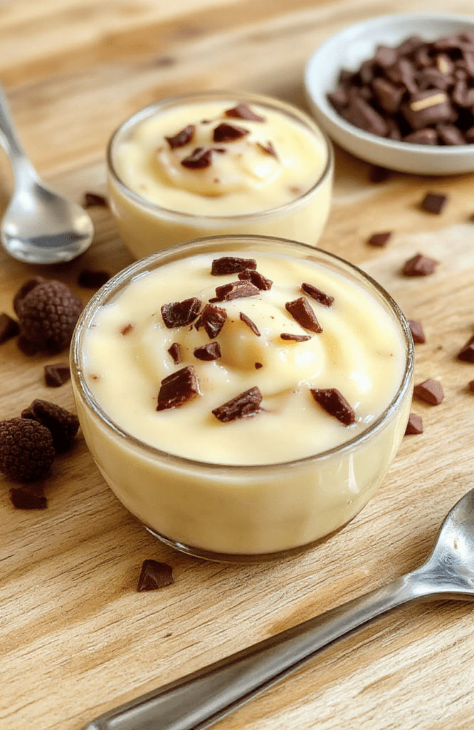 A smooth, creamy vanilla-high protein pudding served in a white ceramic bowl, topped with a dusting of cinnamon and a few fresh raspberries, placed on a light oak wooden table with natural daylight casting soft shadows.