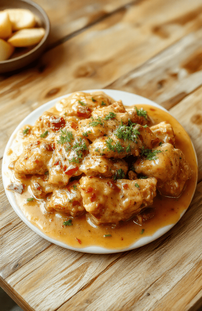 Creamy marry me chicken served in a white ceramic bowl with al dente fettuccine, golden seared chicken breasts, sun-dried tomatoes, mushrooms, and a rich creamy parmesan sauce, garnished with fresh basil and a sprinkle of cracked black pepper, on a rustic wooden board.
