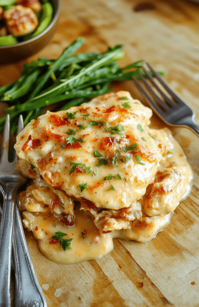 A golden-brown seared chicken breast topped with a rich, creamyParmesan-garlic sauce, served over fluffy white rice with fresh parsley garnish and cherry tomatoes on the side, against a rustic wooden cutting board background.