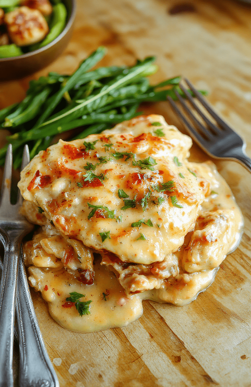 A golden-brown seared chicken breast topped with a rich, creamyParmesan-garlic sauce, served over fluffy white rice with fresh parsley garnish and cherry tomatoes on the side, against a rustic wooden cutting board background.
