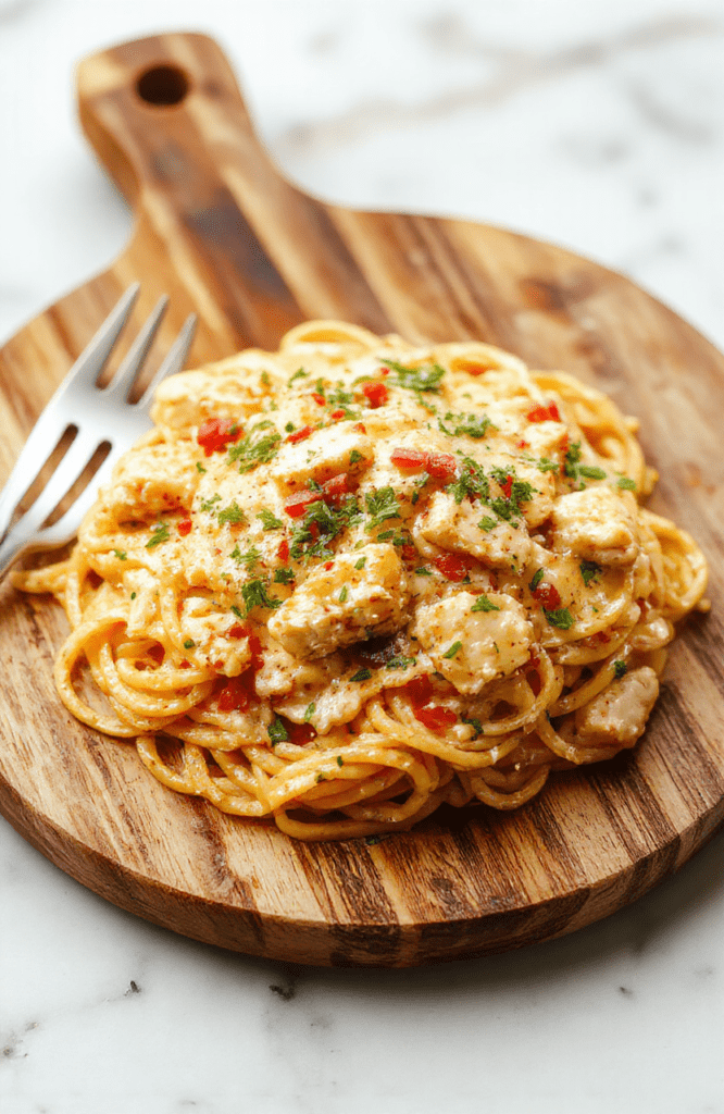 Plate of creamy Monterey chicken spaghetti with tender chicken breast, al dente spaghetti noodles coated in a rich golden cheese sauce, garnished with fresh parsley and cracked black pepper, against a rustic wooden cutting board.