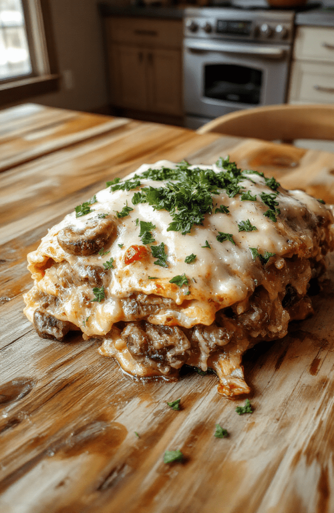 A golden-brown, bubbling lasagna straight from the oven, layered with thick slices of al dente pasta, creamy beige ricotta cheese, earthy brown sautéed mushrooms, melted stretchy mozzarella, and fresh green basil leaves scattered on top. Shot on a rustic wooden cutting board with soft Natural light and subtle steam rising.
