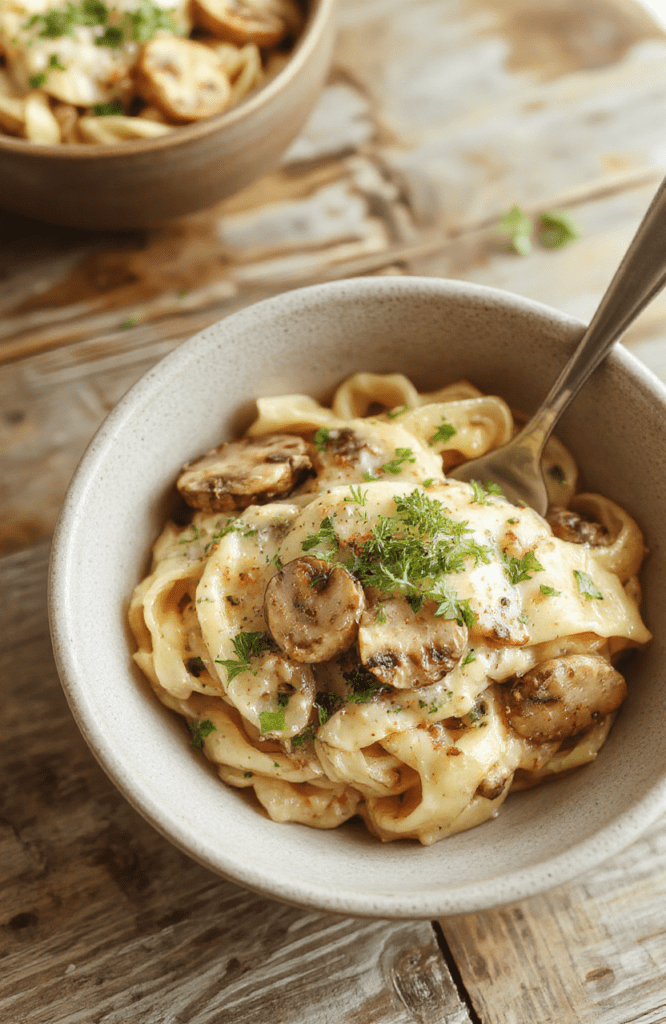 Homemade creamy mushroom pasta in a deep white ceramic bowl, garnished with fresh parsley and cracked black pepper, set on a light oak wooden table with soft natural light casting gentle shadows, showing tender fettuccine coated in a rich golden-white sauce with sautéed cremini and shiitake mushrooms
