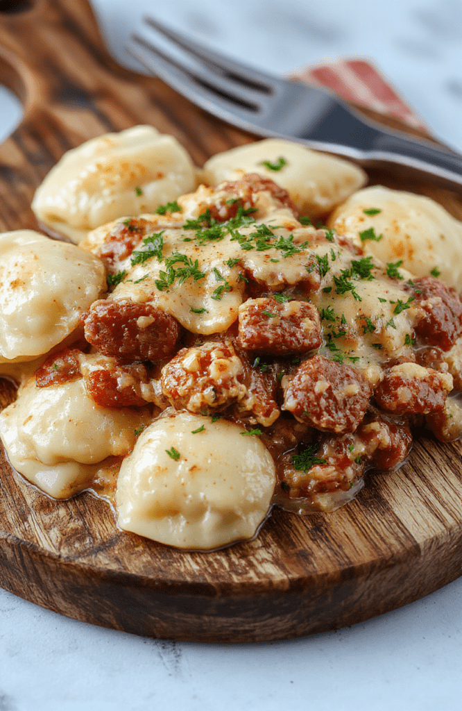 A golden-brown, bubbling creamy pierogi and kielbasa casserole in a deep ceramic baking dish, topped with crispy fried onions and fresh parsley, served in a rustic wooden bowl beside a sliced kielbasa link and dollop of sour cream on a light oak cutting board.