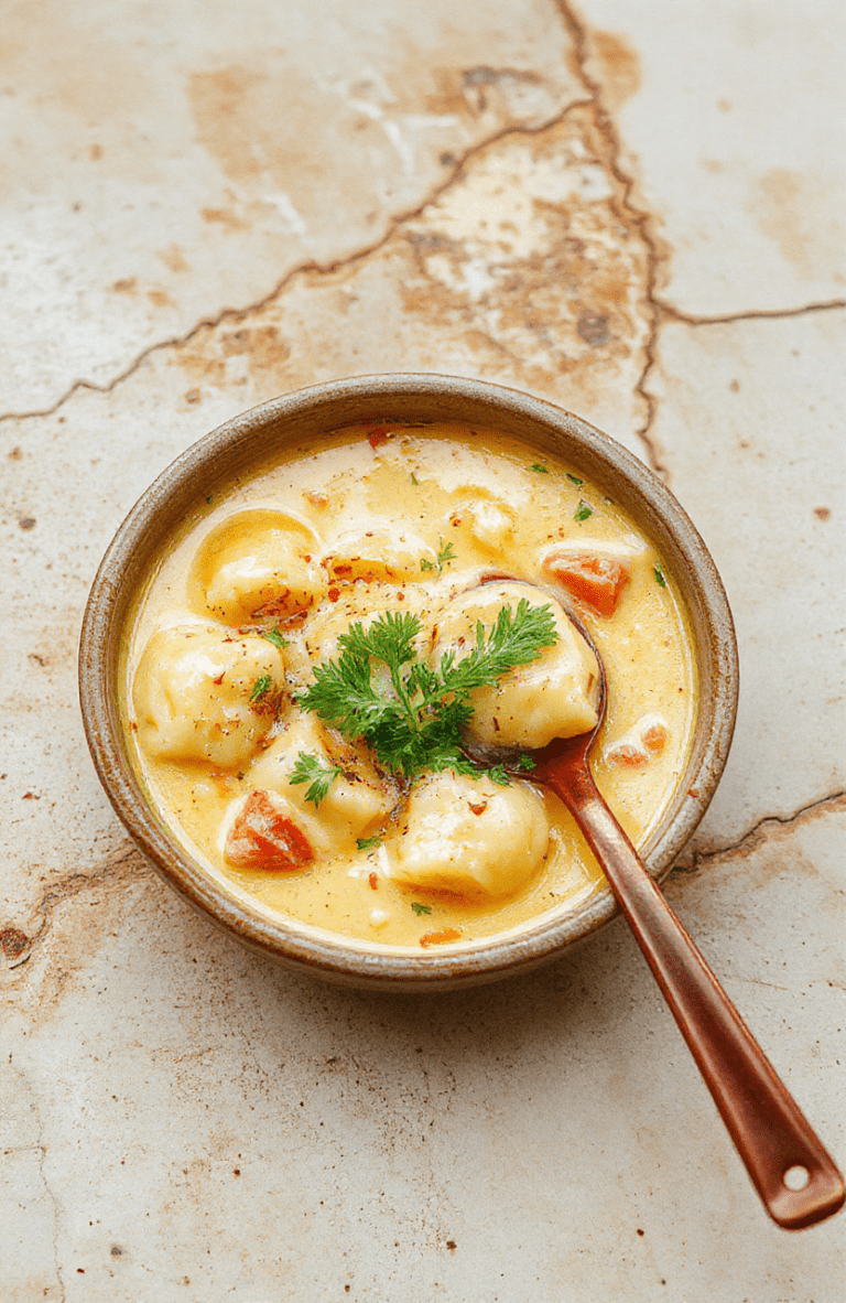 A steaming bowl of creamy ravioli soup with golden-brown cheese-filled ravioli floating in a velvety white sauce, garnished with fresh sage leaves and a sprinkle of grated parmesan, served in a rustic white ceramic bowl with soft wooden table background and natural daylight.