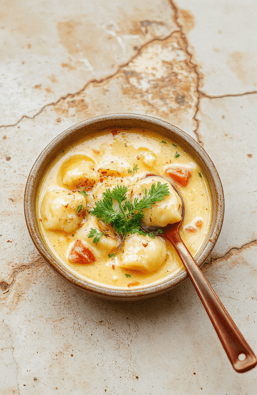 A steaming bowl of creamy ravioli soup with golden-brown cheese-filled ravioli floating in a velvety white sauce, garnished with fresh sage leaves and a sprinkle of grated parmesan, served in a rustic white ceramic bowl with soft wooden table background and natural daylight.