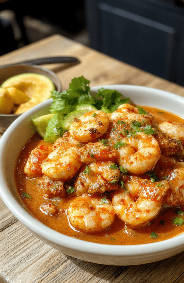 A steaming bowl of creamy shrimp chili with vibrant orange tones from tomatoes and peppers, studded with plump pink shrimp, tender white fish, and black beans. Garnished with fresh cilantro, a drizzle of lime juice, and a dollop of sour cream. Served in a rustic ceramic bowl on a light wooden table with soft natural shadows.