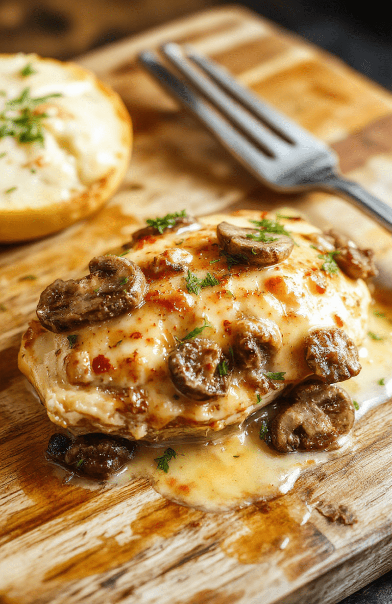 Golden-brown seared chicken thighs nestled in a sizzling cast iron skillet alongside buttery sautéed cremini and shiitake mushrooms in a rich, creamy garlic sauce, garnished with fresh parsley and a sprinkle of cracked black pepper, served directly from stove to table.
