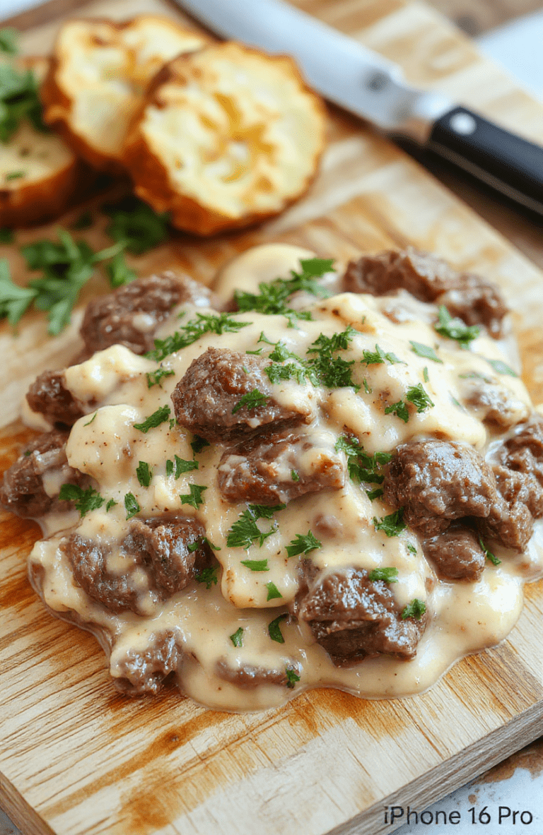 A steaming bowl of creamy beef stroganoff in a rustic ceramic vessel, tender beef strips in rich mushroom-and-sour cream sauce, glossy and savory, garnished with fresh parsley and a side of fluffy white rice; softly blurred background in warm-toned wood table set