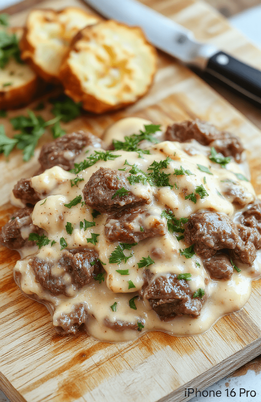 A steaming bowl of creamy beef stroganoff in a rustic ceramic vessel, tender beef strips in rich mushroom-and-sour cream sauce, glossy and savory, garnished with fresh parsley and a side of fluffy white rice; softly blurred background in warm-toned wood table set