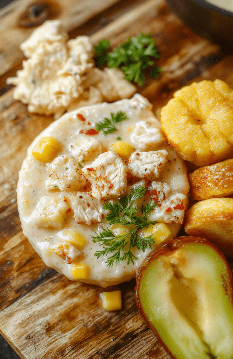 Creamy chicken corn chowder in a rustic ceramic bowl, garnished with fresh parsley, diced tomatoes, and a drizzle of olive oil, served alongside crusty bread, on a light wooden table with soft natural shadows.