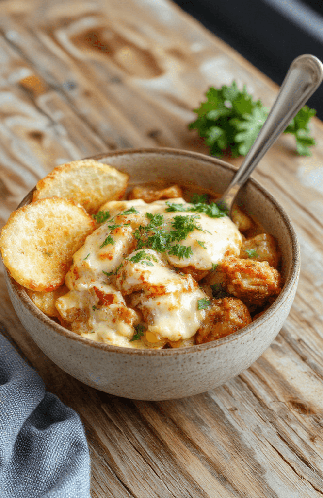 A vibrant creamy street corn chicken bowl with golden roasted corn kernels, vibrant red bell pepper dice, creamy avocado slices, fresh cilantro leaves, crumbled queso fresco, and grilled chicken strips arranged in a deep white ceramic bowl against a rustic wood table. Steam rises subtly from the warm dish.