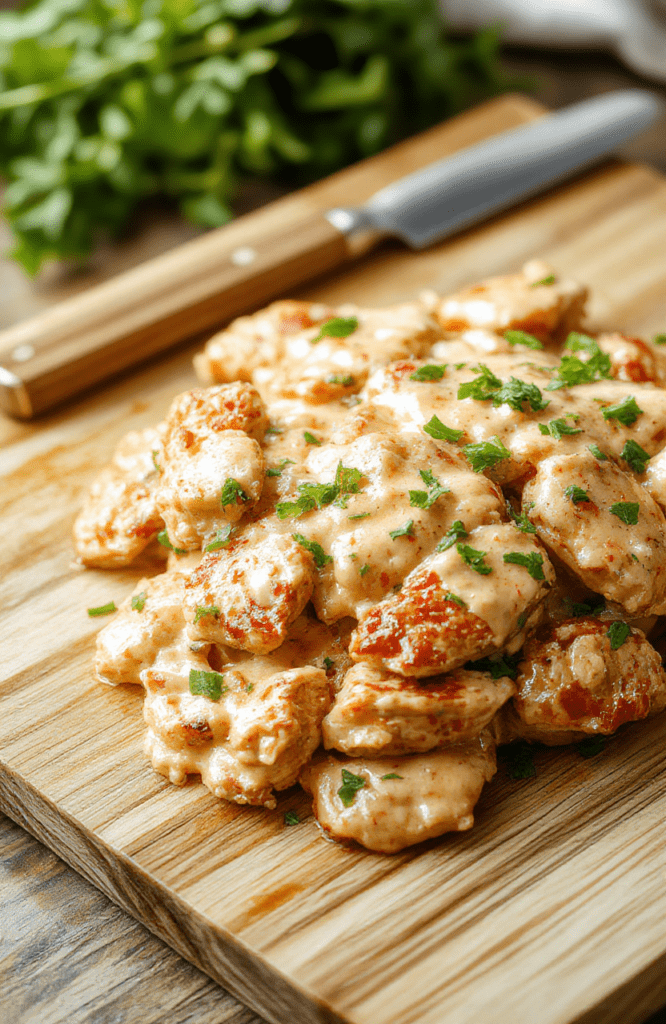 Tender slow-cooked chicken thighs in a rich, golden-brown Thai peanut sauce, garnished with chopped cilantro, sliced green onions, and a sprinkle of crushed peanuts, served oversticky white rice in a rustic ceramic bowl on a light wooden table.