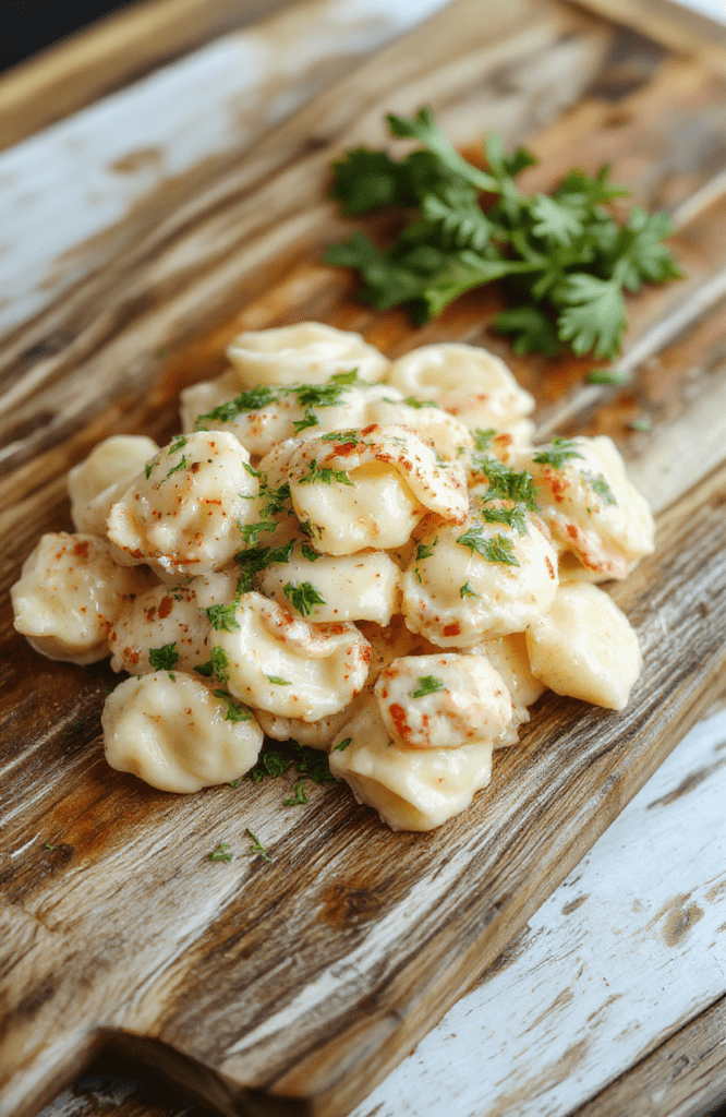 A steaming bowl of creamy tortellini carbonara served in a white ceramic bowl, featuring golden-brown crispy pancetta bits, al dente cheese-filled tortellini,溏心 egg-yolk sauce drizzle, fresh parsley garnish, and cracked black pepper. Light steam rises, highlighting the glossy, velvety texture and contrasting textures of crisp and tender elements.
