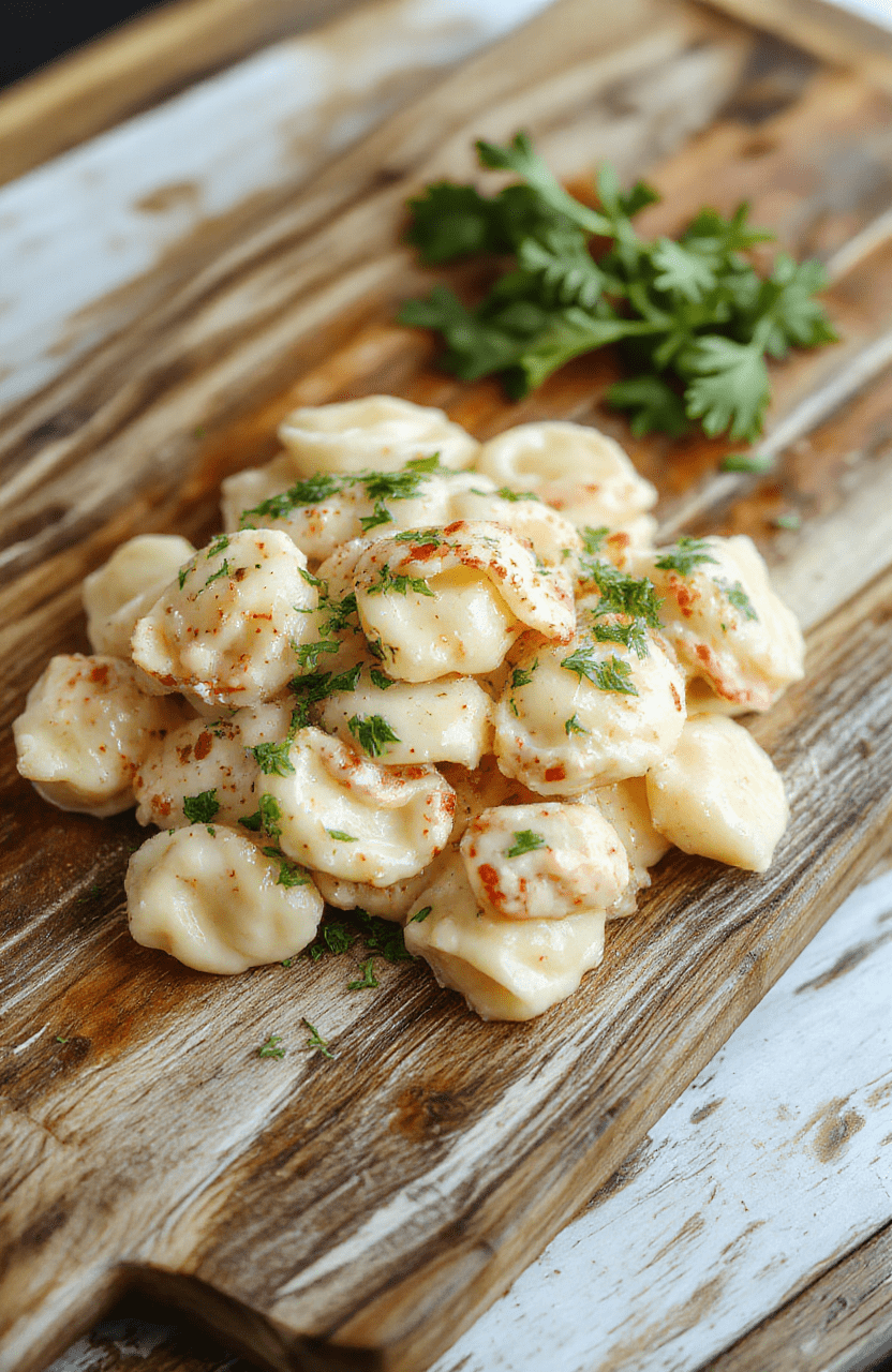 A steaming bowl of creamy tortellini carbonara served in a white ceramic bowl, featuring golden-brown crispy pancetta bits, al dente cheese-filled tortellini,溏心 egg-yolk sauce drizzle, fresh parsley garnish, and cracked black pepper. Light steam rises, highlighting the glossy, velvety texture and contrasting textures of crisp and tender elements.