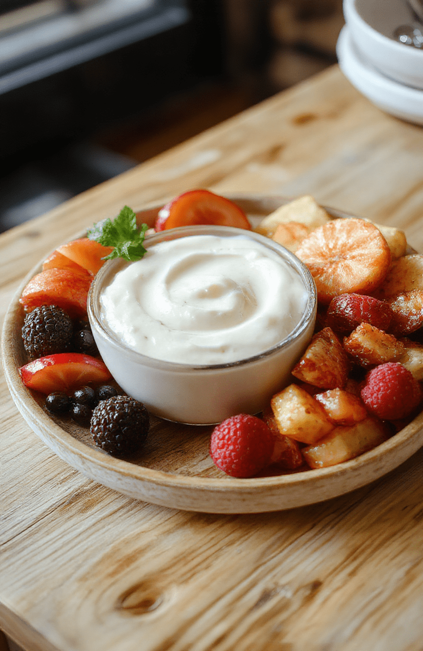 A rustic ceramic bowl filled with thick, creamy vanilla yogurt fruit dip, nestled beside a wooden board arranged with vibrant fresh fruit slices—strawberries, mango, kiwi, and blueberries—dipped partially into the dip, with drizzles of honey and a light dusting of chia seeds on top, on a light wooden table with soft natural light and subtle shadows.