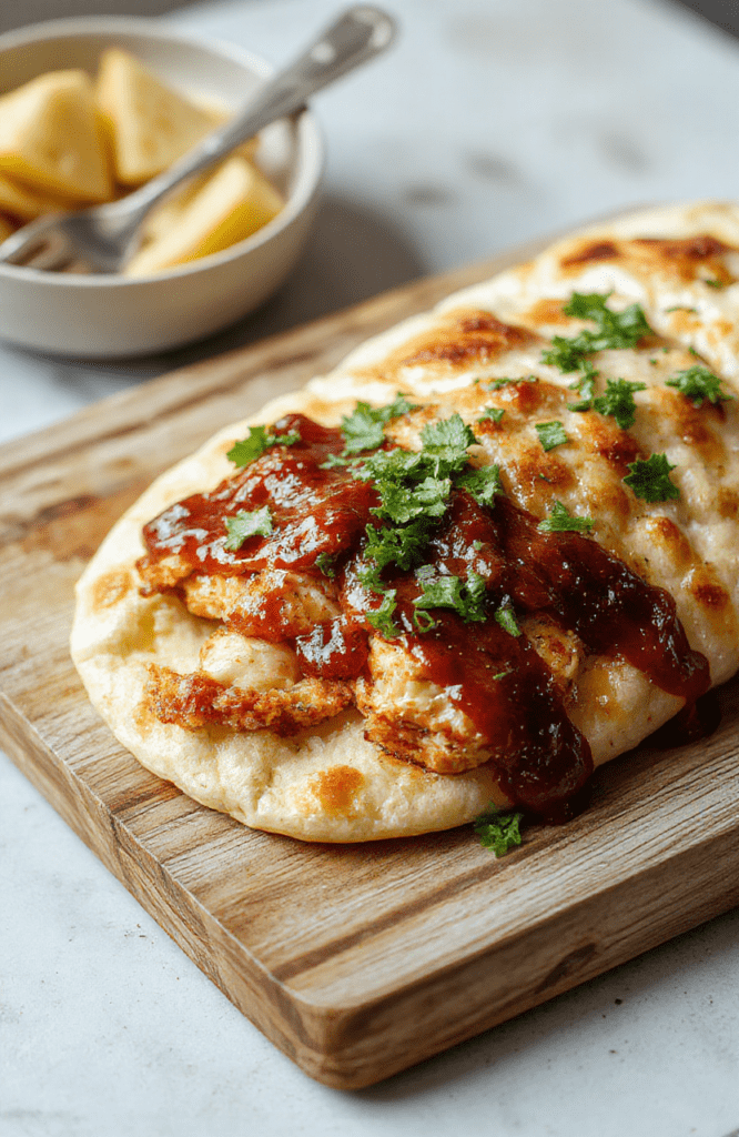 A golden-brown crispy flatbread topped with shredded grilled chicken glazed in smoky sweet BBQ sauce, red onion slices, shredded cheddar and mozzarella cheese melted in spots, and fresh cilantro sprinkled on top. Slightly charred edges and visible bubbles in the crust.
