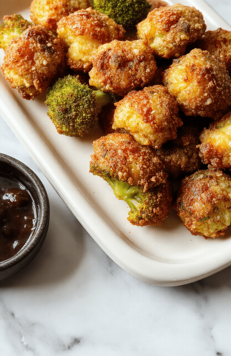 Golden-brown crispy broccoli tots arranged on a white ceramic plate, nestled beside a dollop of creamy avocado dip and a sprinkle of fresh chopped parsley, with visible flaky texture and charred edges indicating perfect baking.