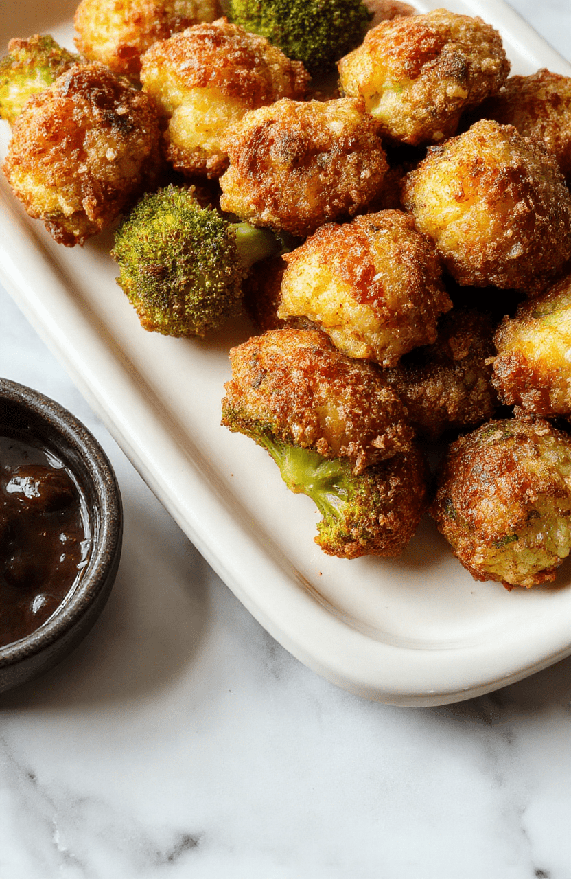 Golden-brown crispy broccoli tots arranged on a white ceramic plate, nestled beside a dollop of creamy avocado dip and a sprinkle of fresh chopped parsley, with visible flaky texture and charred edges indicating perfect baking.