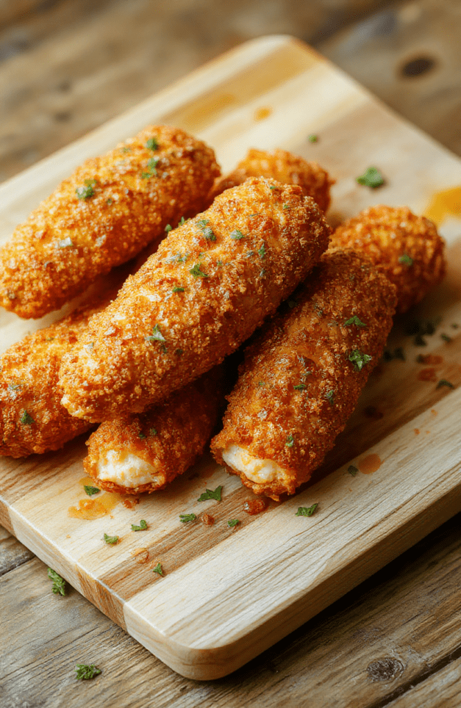Golden-brown crispy chicken mozzarella sticks arranged in a rustic wooden tray, drizzled with tangy buffalo sauce and cooled slightly to reveal melty, golden mozzarella centers. Background features a casual kitchen counter with soft natural light, a small bowl of blue cheese dressing, and fresh parsley garnish.