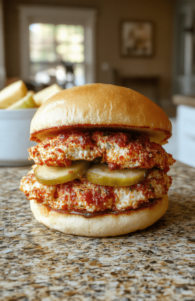 A golden-brown, crispy cajun-spiced chicken breast sandwich on a toasted brioche bun with vibrant green lettuce, red tomato slices, pickled jalapeños, and a drizzle of spicy mayo, served on a rustic wooden board with cracked black pepper and paprika.